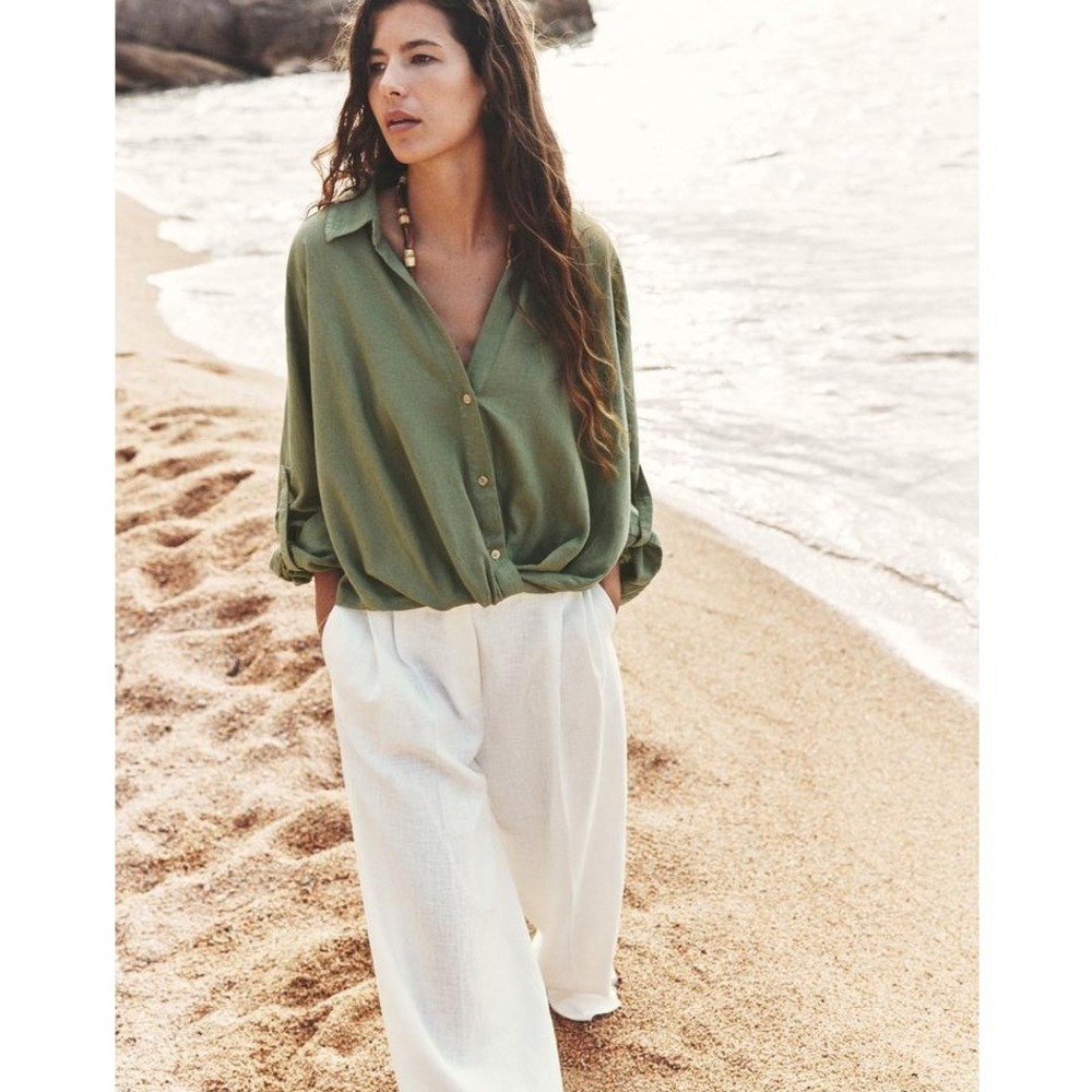 Zara Olive Linen Blend Tie Front Crop Blouse Neutral Earthy Cottagecore Utility